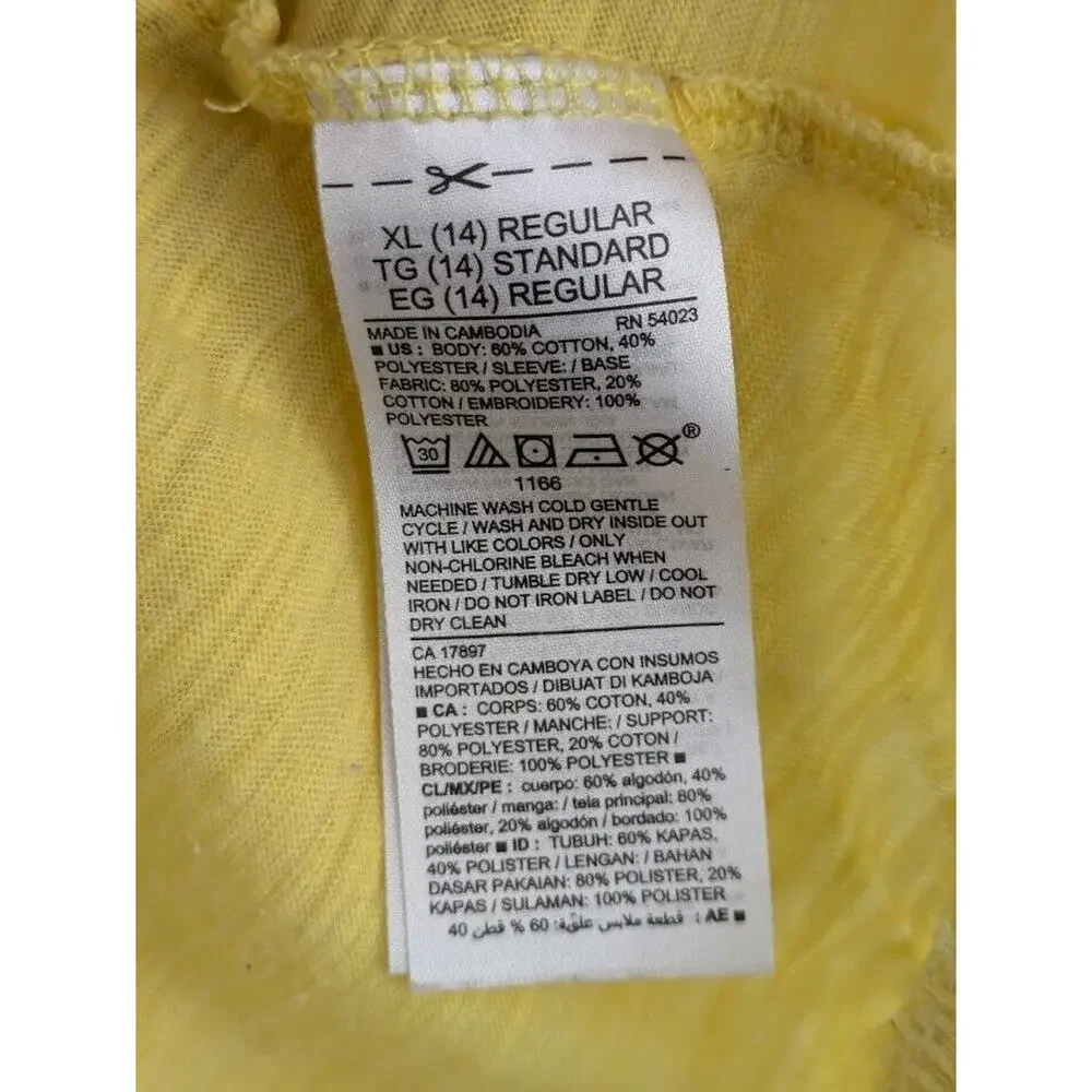 Old Navy Girls Size XL - 14 Flutter Sleeve Embroidered Eyelet Sleeves Top Yellow